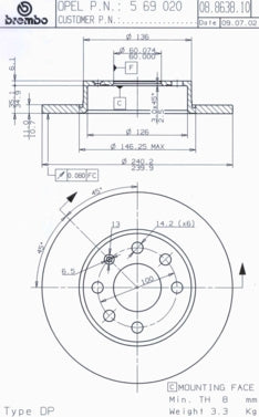 Disco freno anteriore Opel cod.08.8638.10