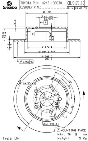 Disco freno posteriore Toyota cod.08.9179.10