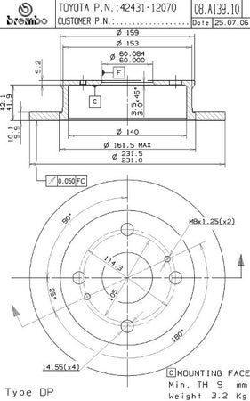 Disco freno posteriore Toyota cod.08.a139.10