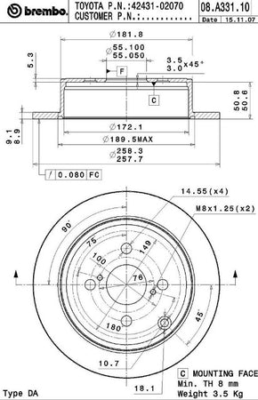 Disco freno posteriore Toyota cod.08.a273.10