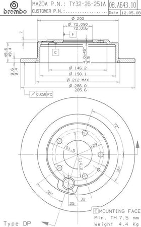 Disco freno posteriore Mazda cod.08.a643.10