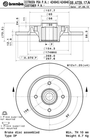 Disco freno posteriore Citroen cod.08.a729.17