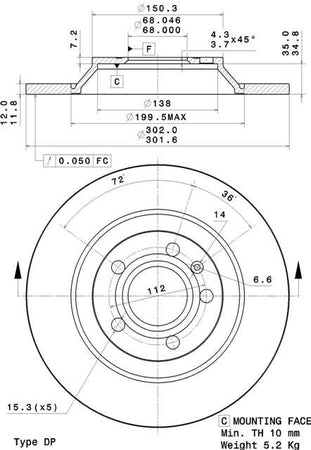 Disco freno posteriore Audi cod.08.a816.10