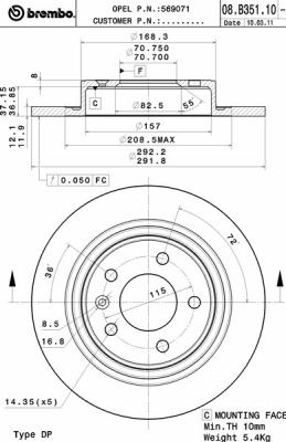 Disco freno posteriore Opel cod.08.b351.10