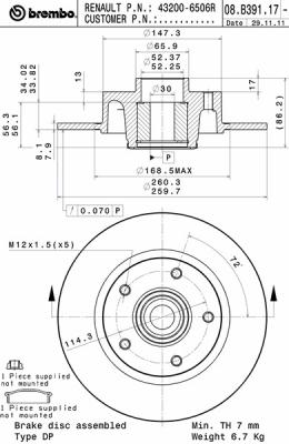 Disco freno posteriore Renault cod.08.b391.17