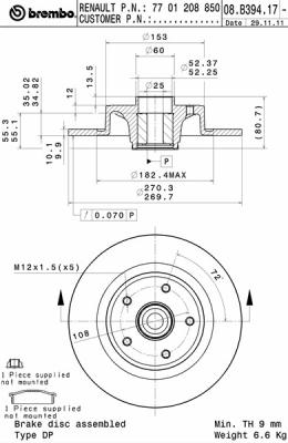 Disco freno posteriore Renault cod.08.b394.17
