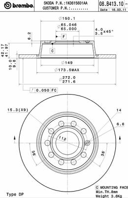 Disco freno posteriore Seat cod.08.b413.10
