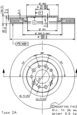Disco freno anteriore Alfa Romeo cod.09.9365.10