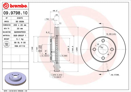 Disco freno anteriore Toyota cod.09.9798.10