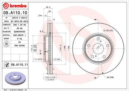 Disco freno anteriore Toyota cod.09.a110.10