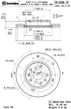 Disco freno anteriore Fiat cod.09.a296.14