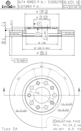 Disco freno anteriore Alfa Romeo cod.09.a721.10