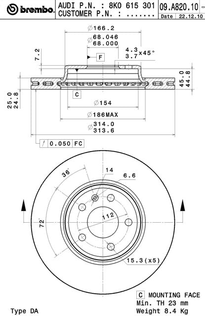 Disco freno anteriore Audi A4-A5 cod.09.a820.10