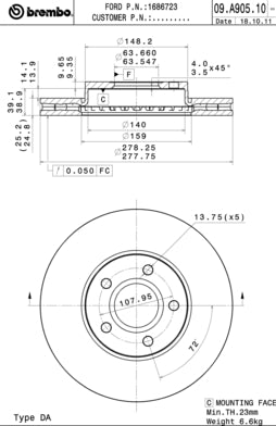 Disco freno anteriore Ford cod.09.a905.10