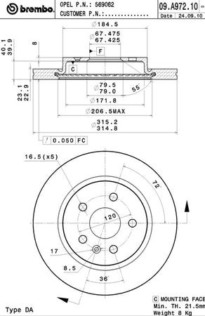 Disco freno posteriore Opel cod.09.a972.10