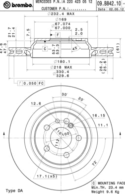 Disco freno posteriore Mercedes cod.09.b842.11