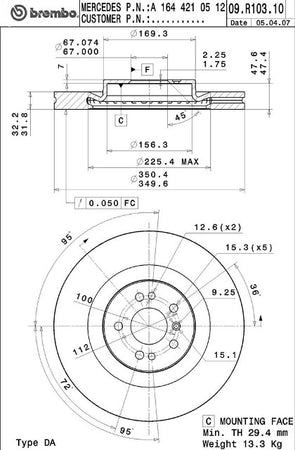 Disco freno anteriore Mercedes cod.09.r105.11