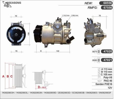 Compressore climatizzatore Audi A1 Sportback (8XA,8XF) dal 09/2011 al 10/2018 codice 67556