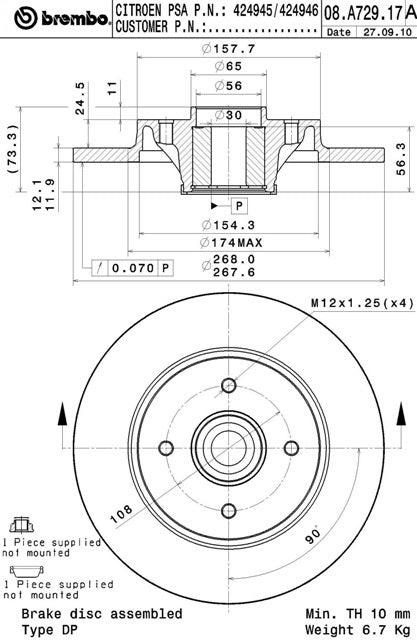 Disco freno posteriore Citroen cod.08.a729.17