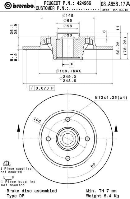 Disco freno posteriore Peugeot cod.08.a858.17