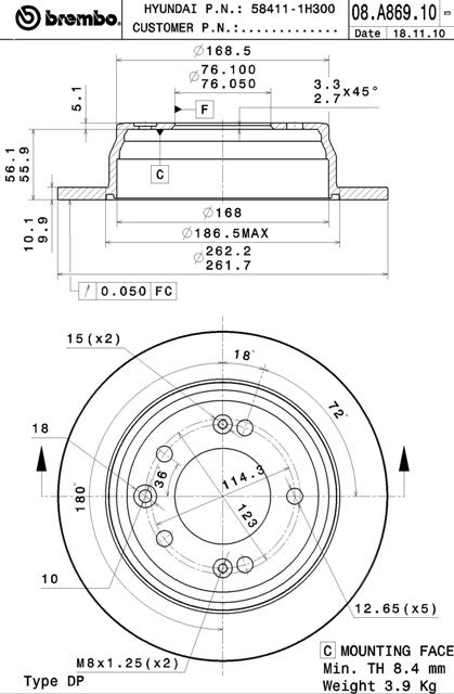 Disco freno posteriore Hyundai cod.08.a869.10