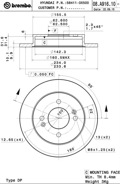 Disco freno posteriore Hyundai cod.08.a916.10