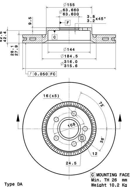 Disco freno anteriore Land Rover cod.09.a426.10